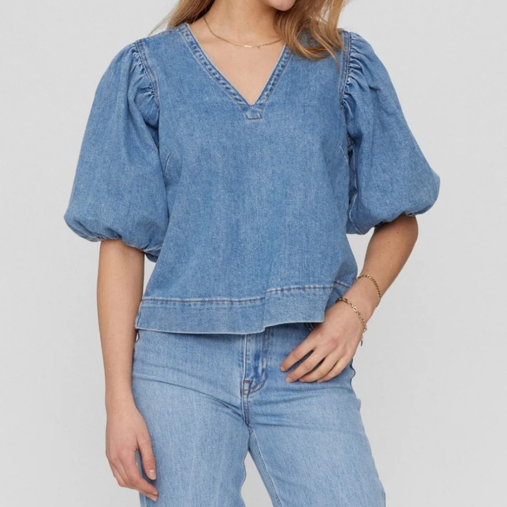 Nümph Nutoronto Boho‎ Western Denim Balloon Sleeve Blouse, Small